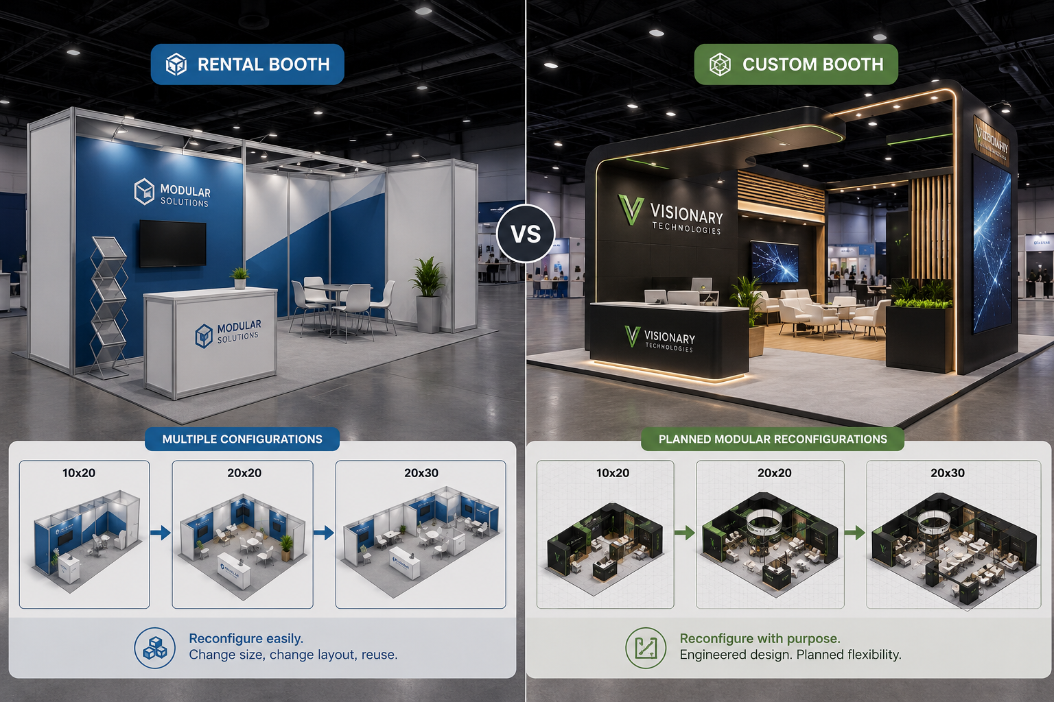 modular flexibility for trade show booth rental vs custom booth